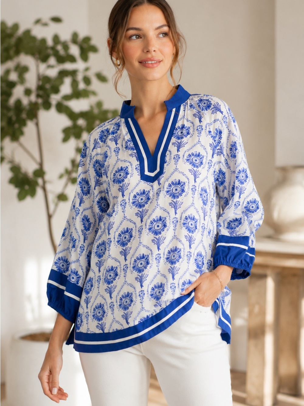 Jodifl Blue & White Print Blouse NWT